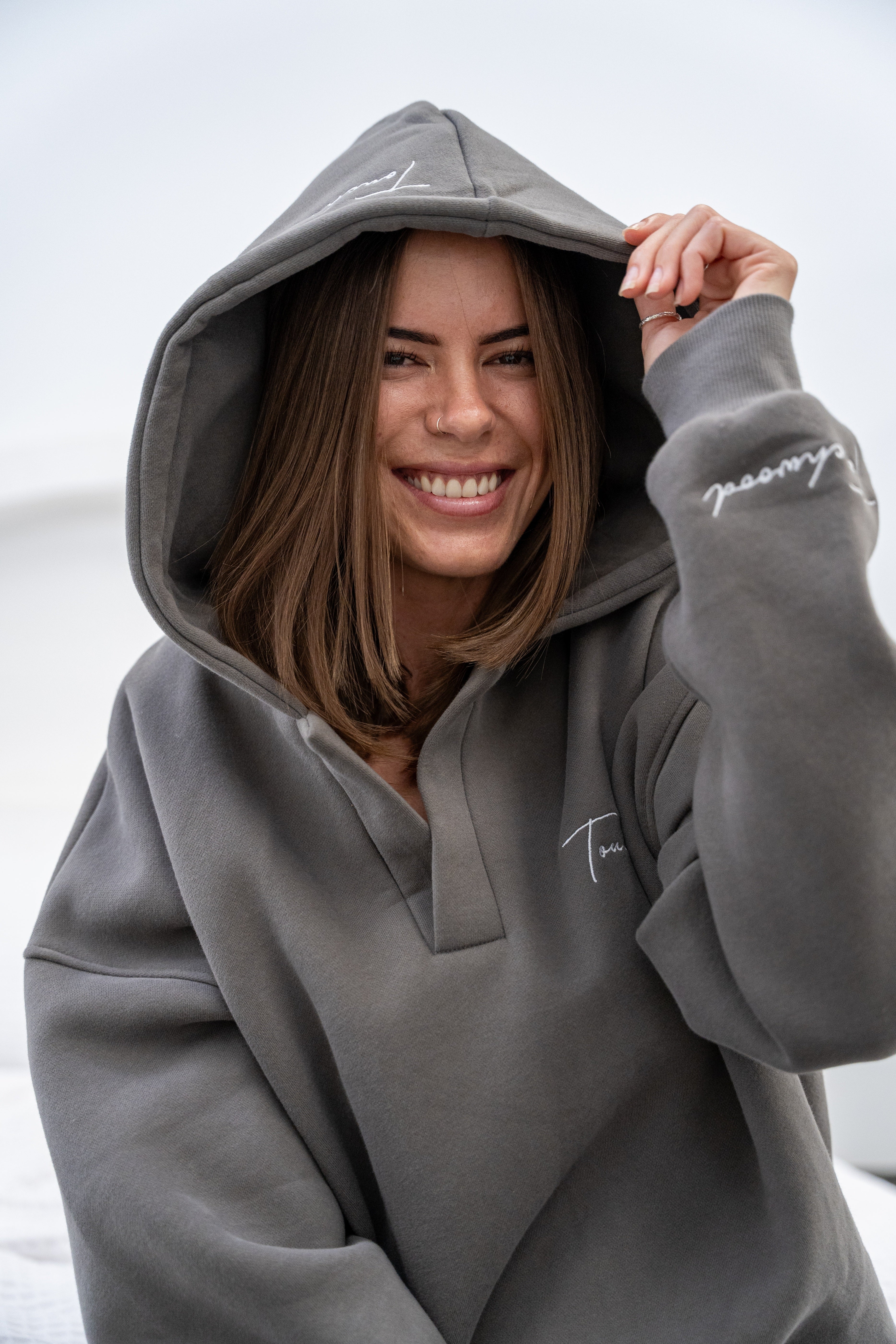 Dark Grey and White Signature Series V-Neck Hoodie