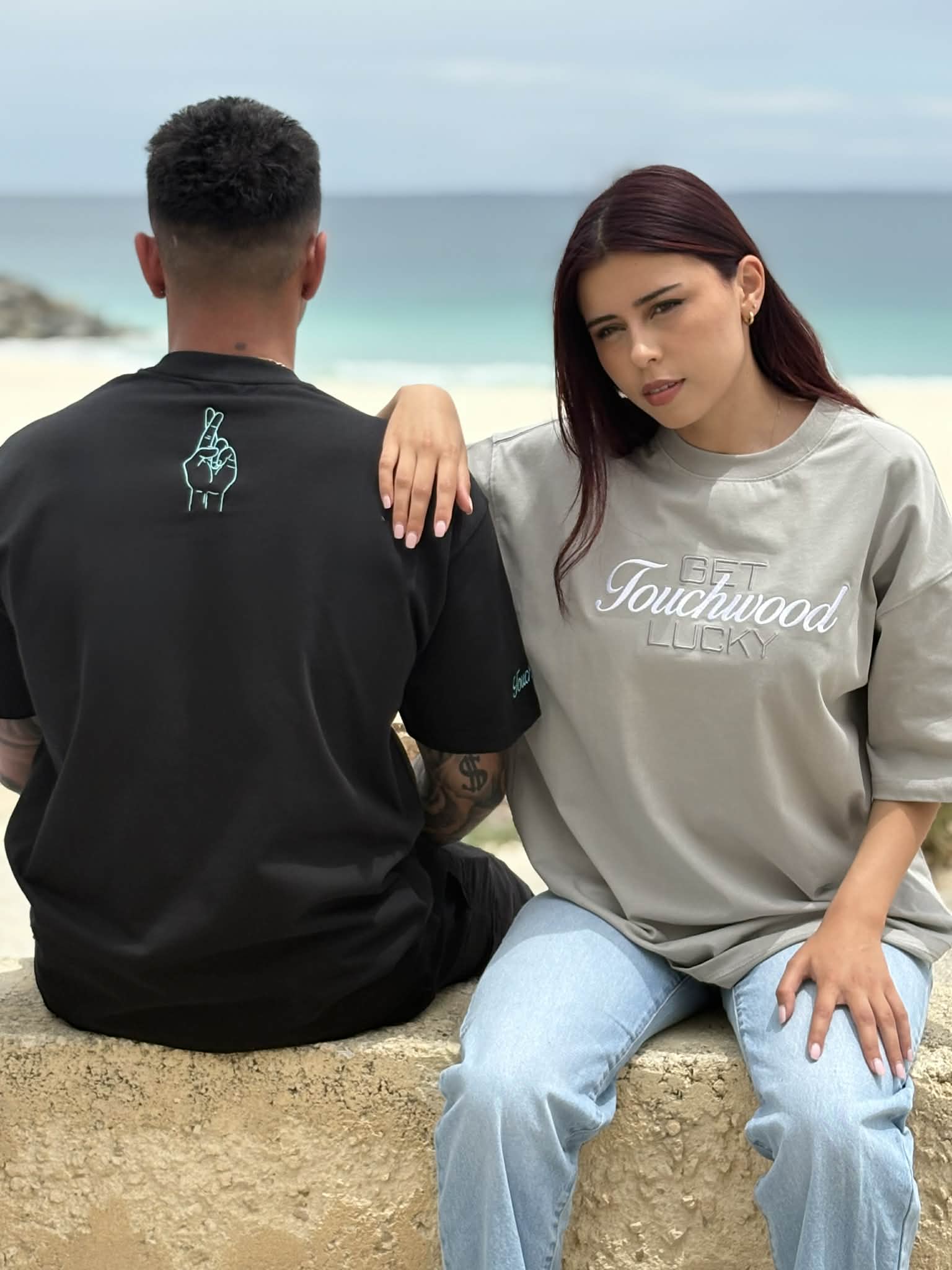 Embroidered "Get Lucky" - Grey & White