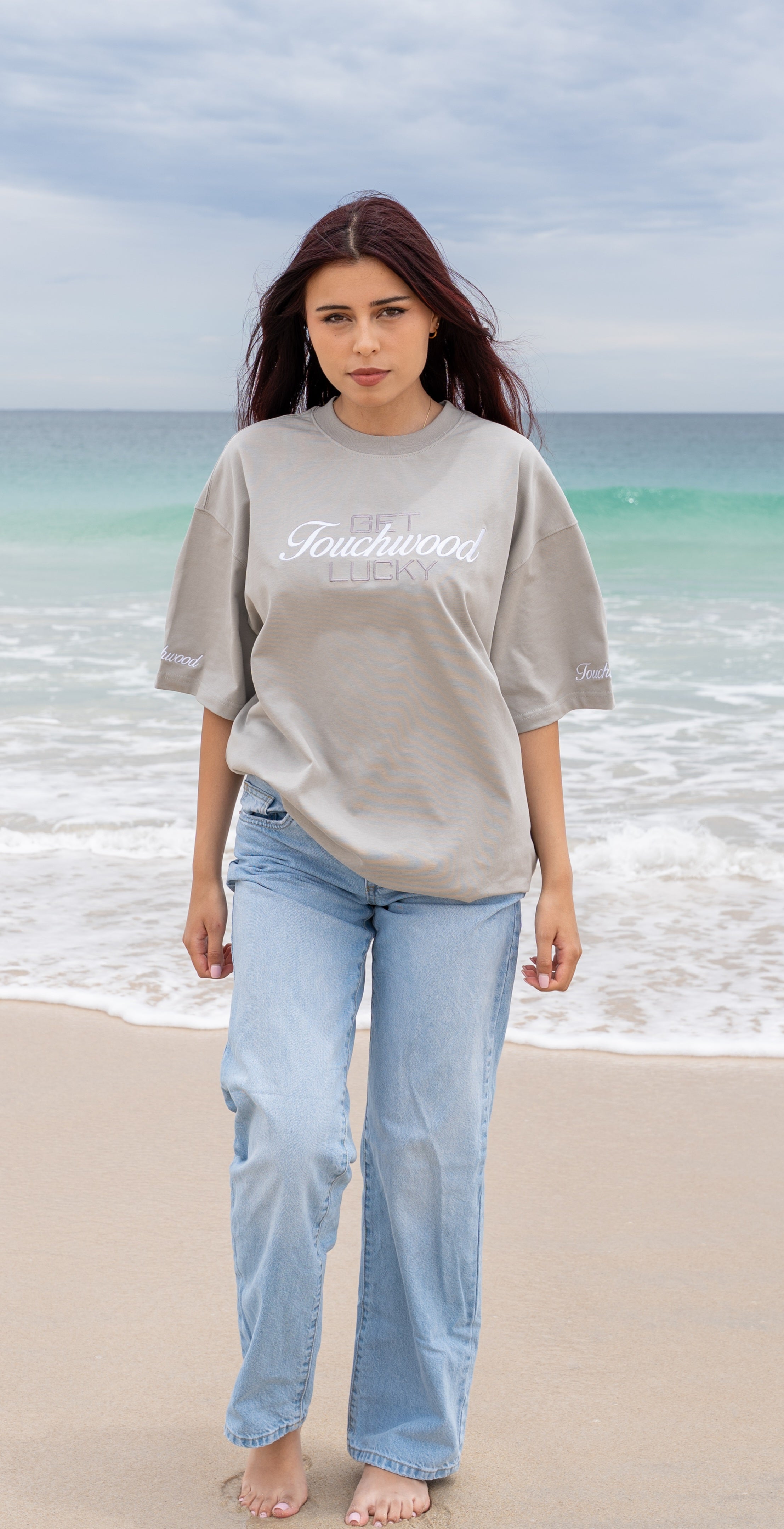 Embroidered "Get Lucky" - Grey & White