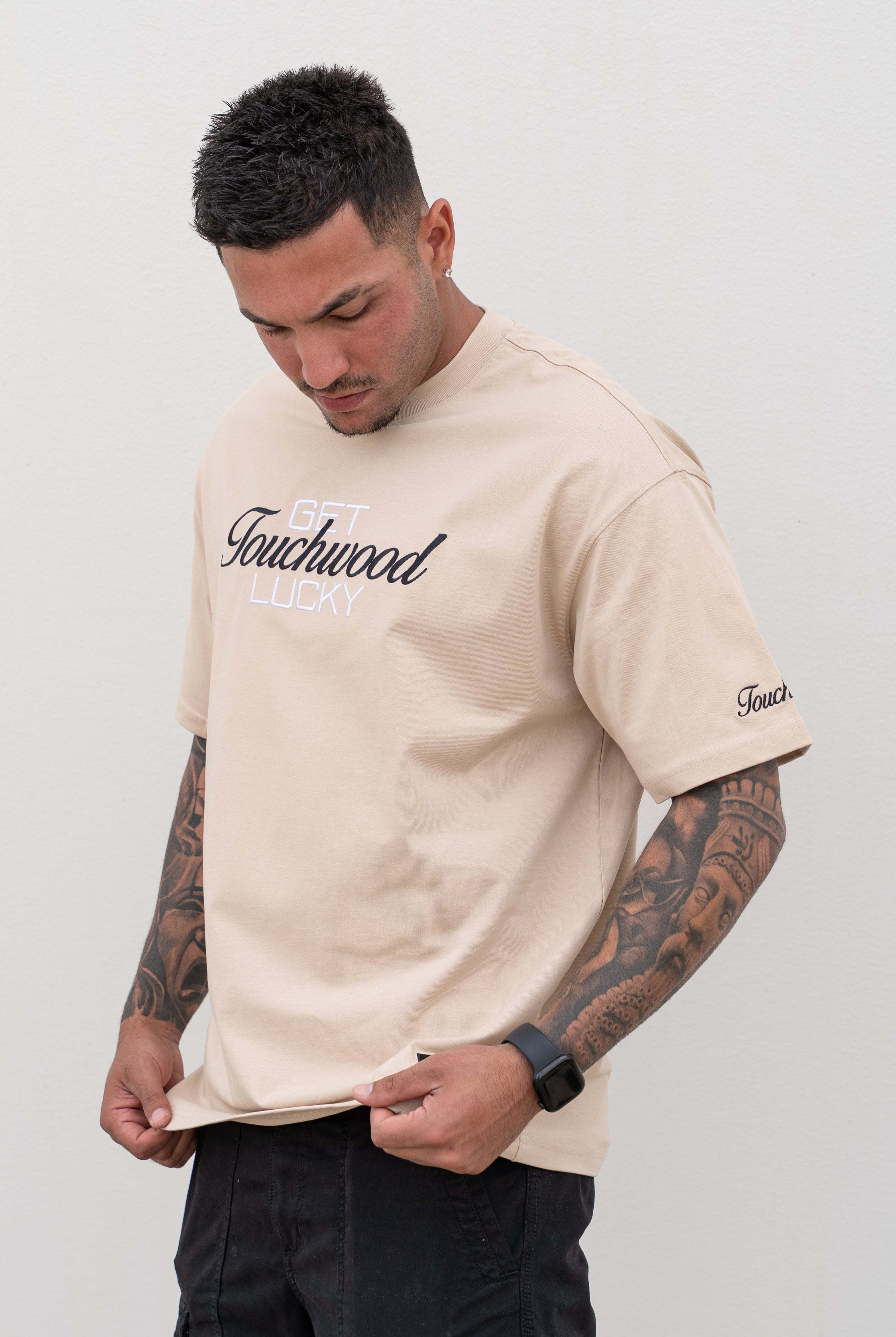 Embroidered "Get Lucky" - Khaki & Black