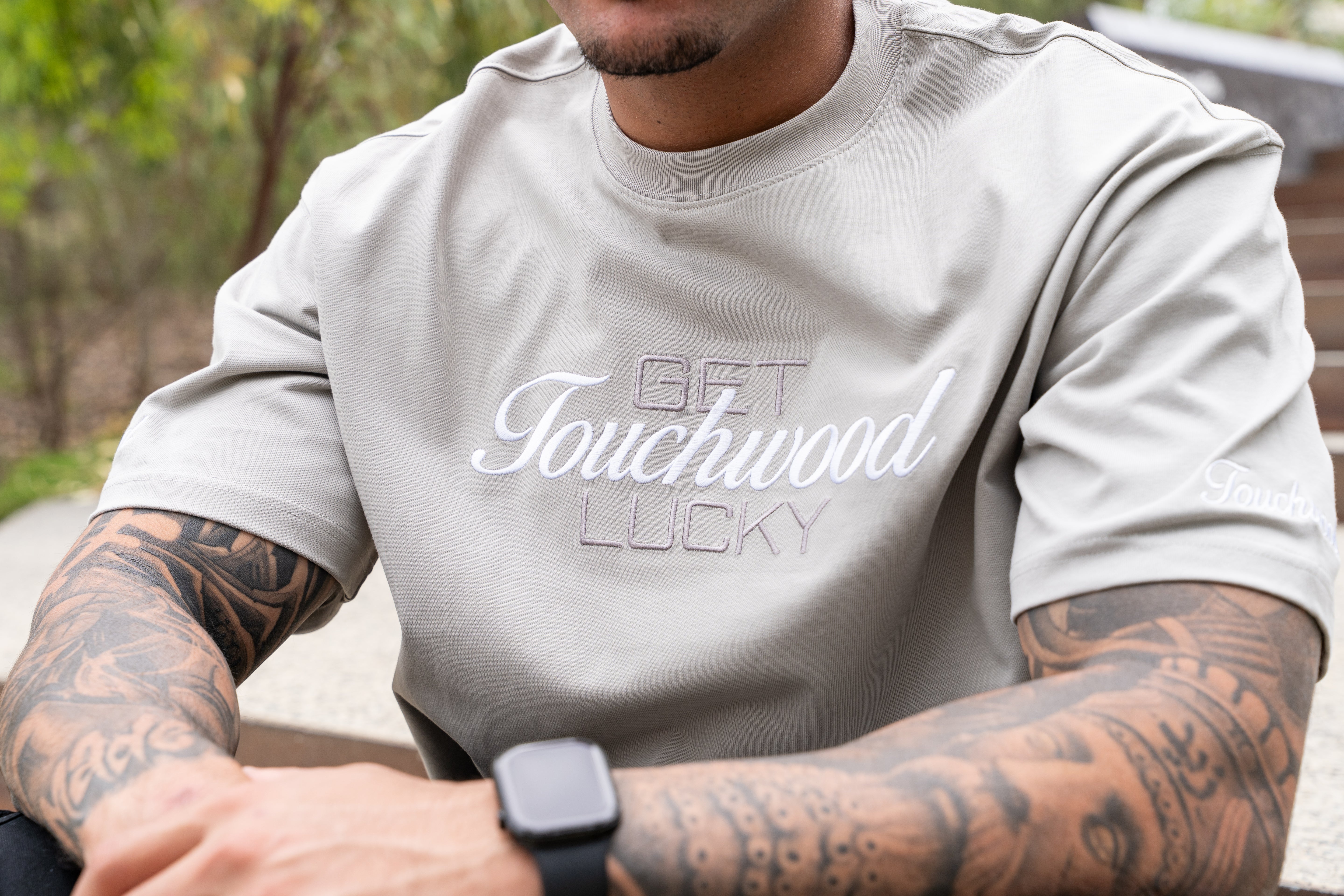 Embroidered "Get Lucky" - Grey & White