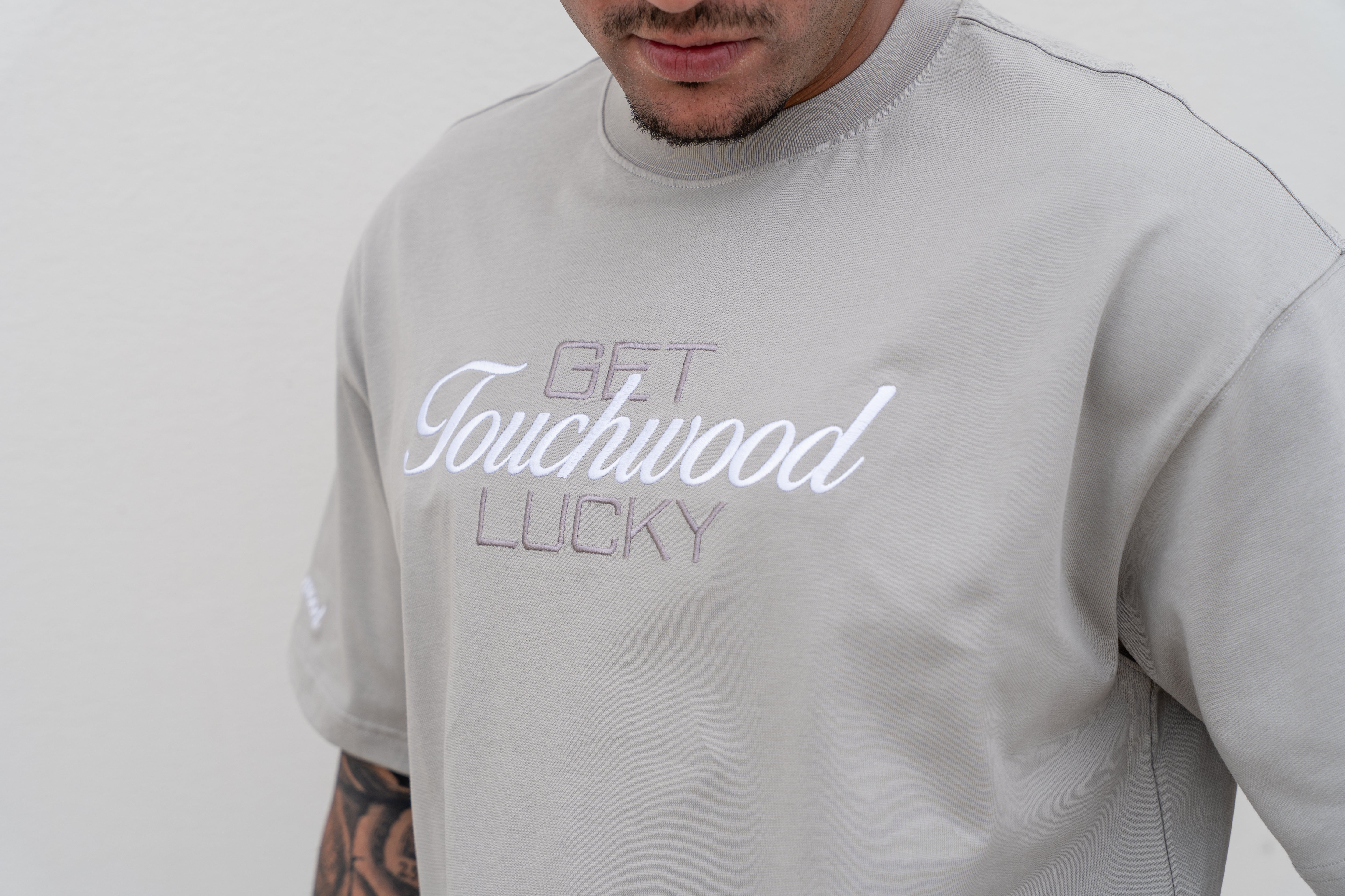 Embroidered "Get Lucky" - Grey & White