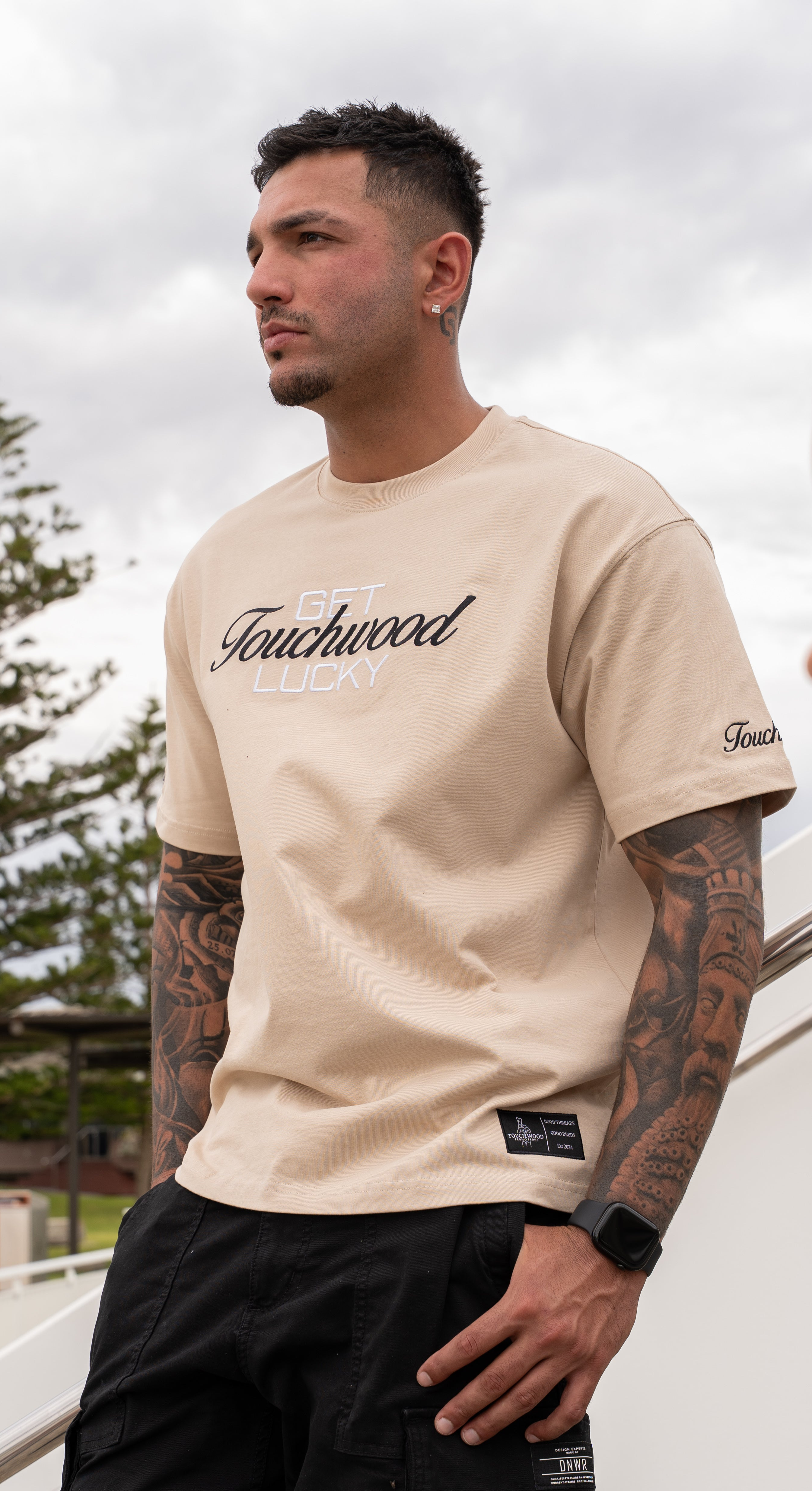 Embroidered "Get Lucky" - Khaki & Black