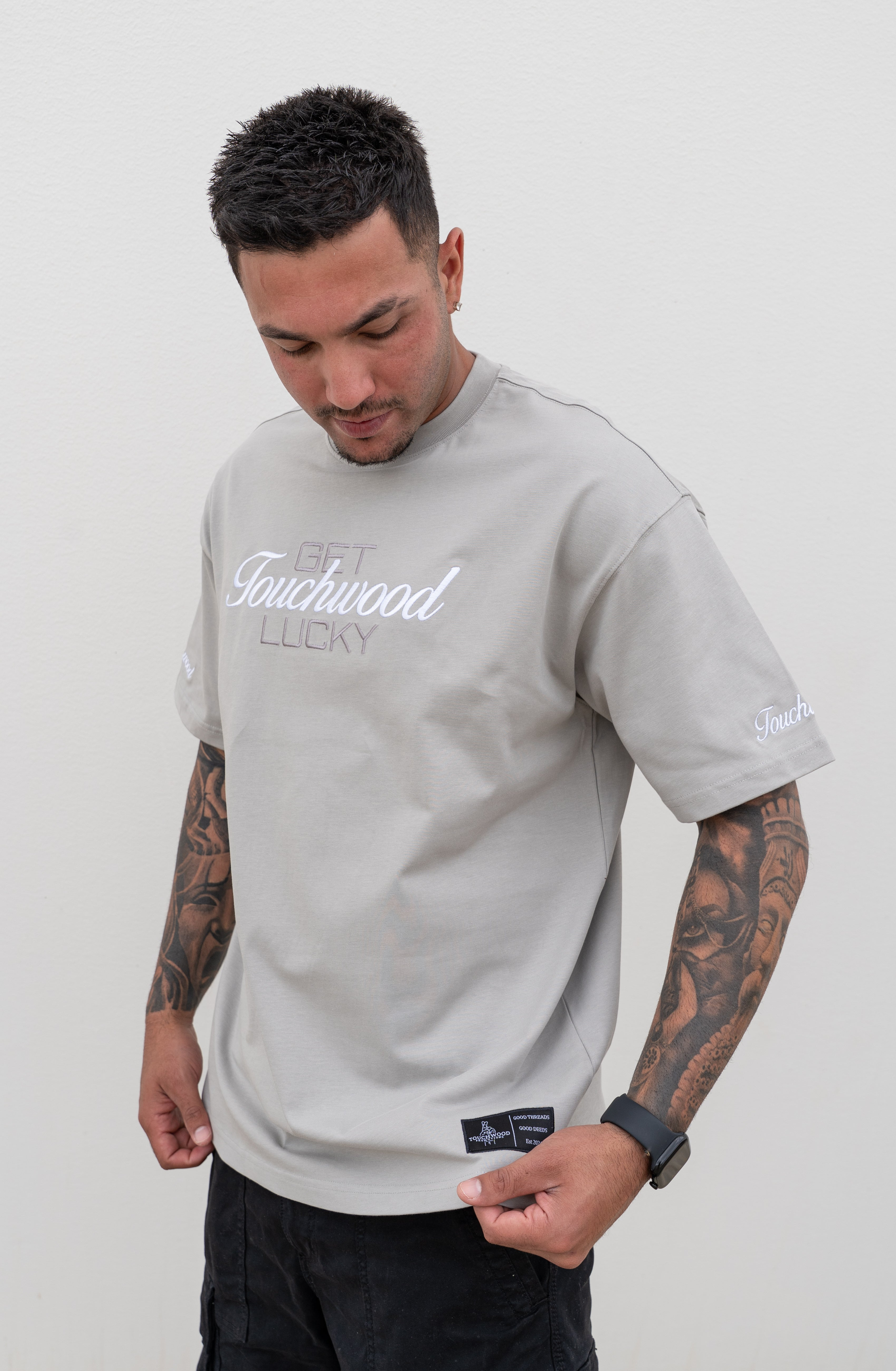 Embroidered "Get Lucky" - Grey & White